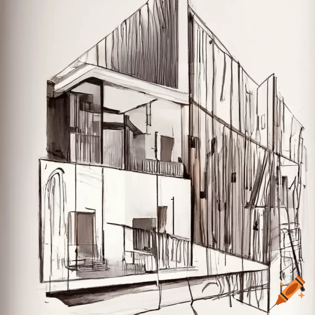 One story modern arcitecture house drawing with curves on Craiyon