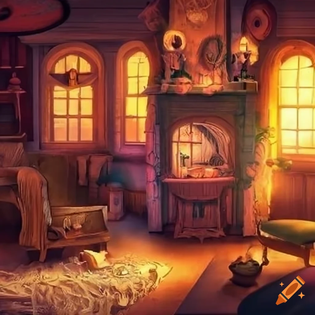 Detailed digital illustration anime house tree magic room