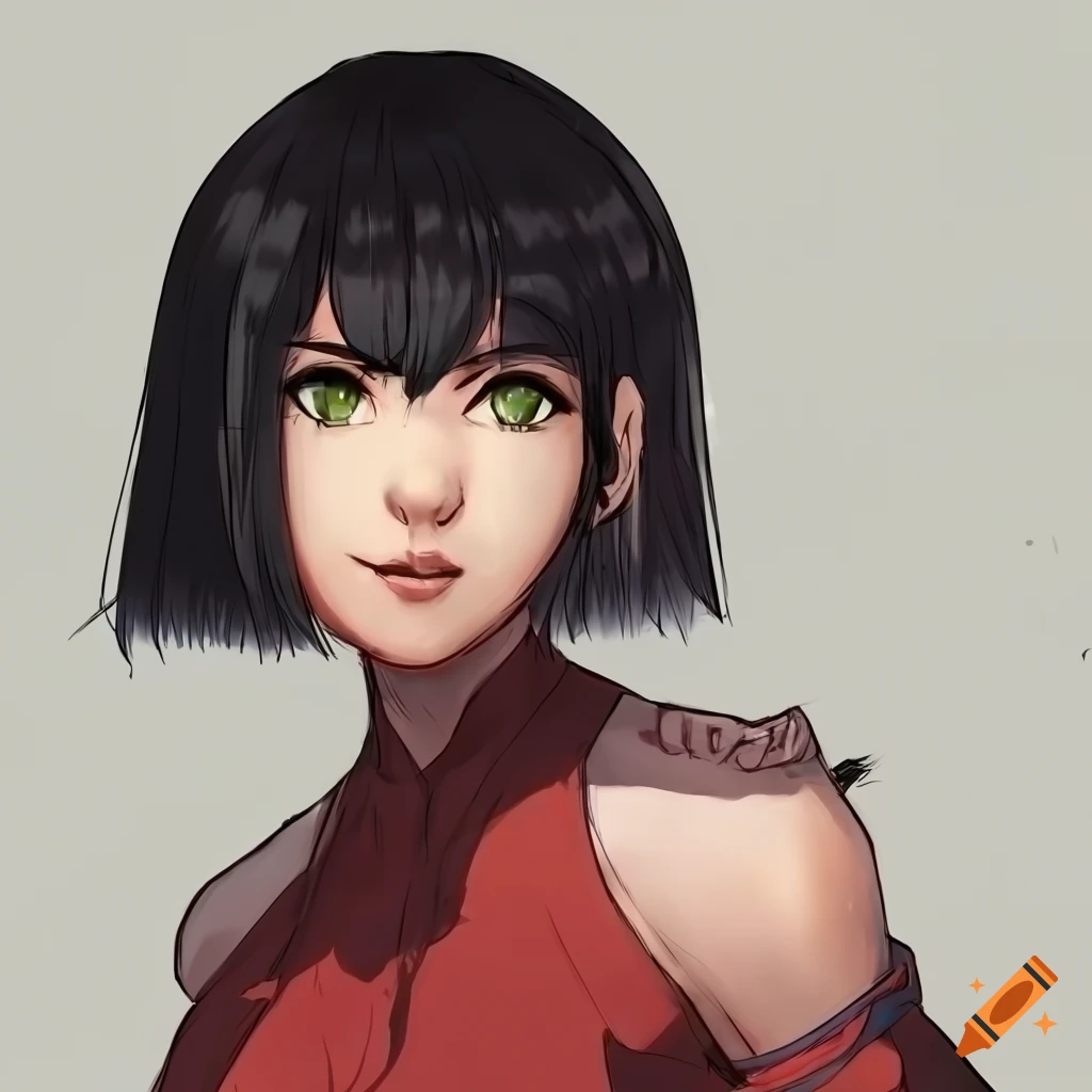 Anime Style Artwork Of A Athletic Female With Short Black Hair And Green Eyes On Craiyon