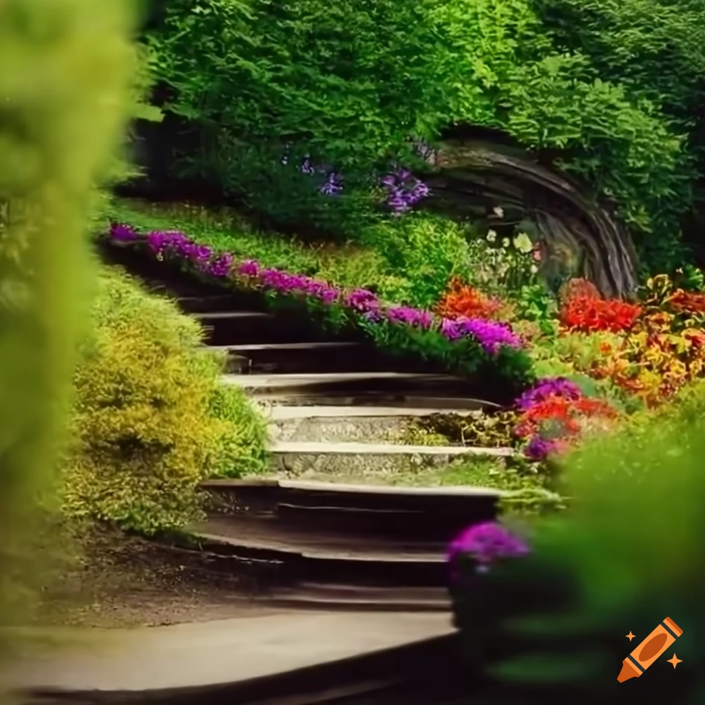 Vibrant garden with blooming flowers and curved stairs on Craiyon