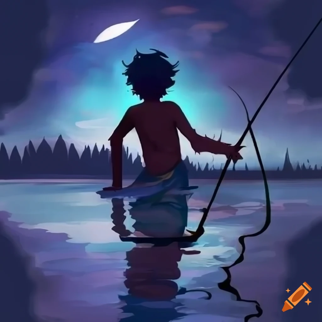 Anime-style illustration of a dark-skinned boy fishing at night on Craiyon