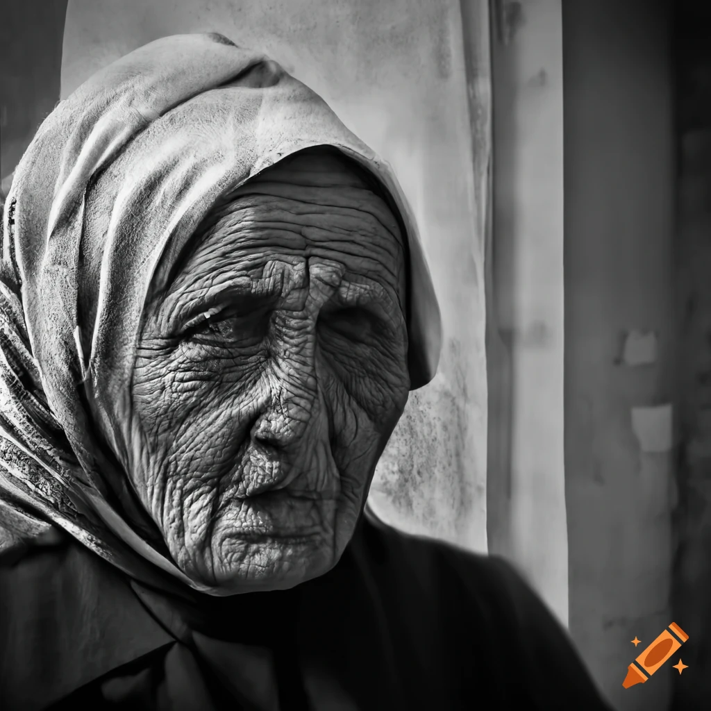 determined elderly Palestinian woman standing amidst bombed buildings
