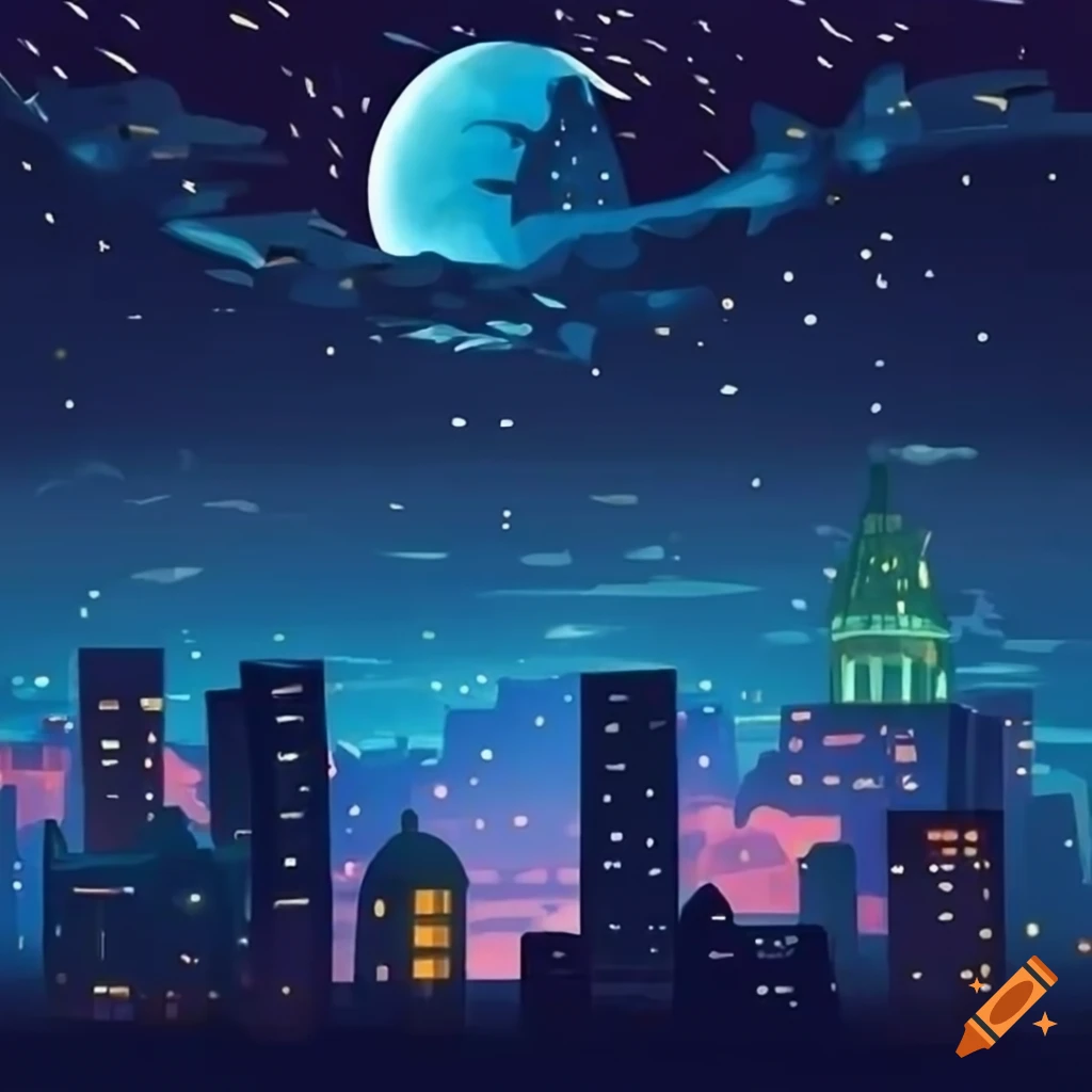 cartoon illustration of a city at night