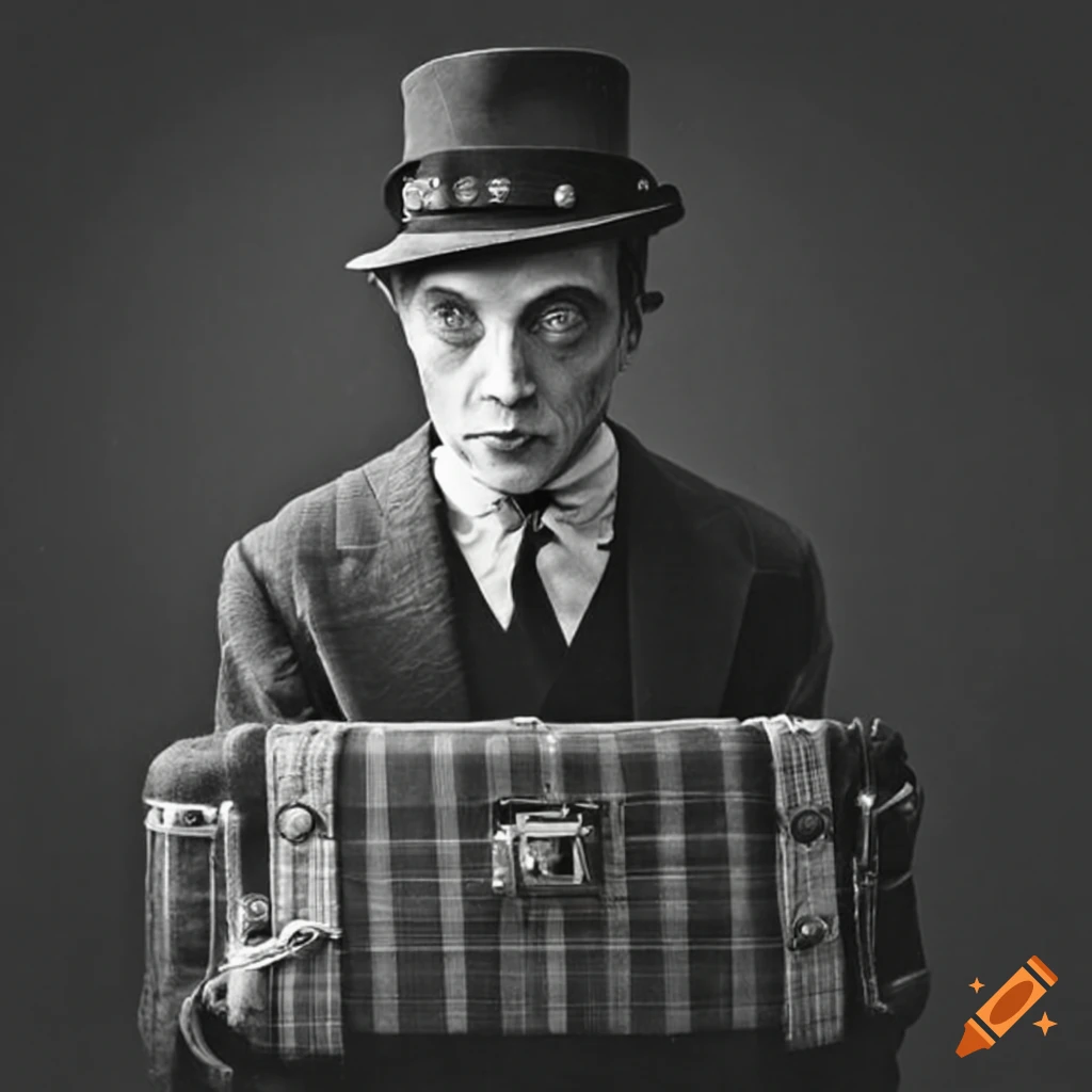 vintage photo of Buster Keaton holding a plaid suitcase