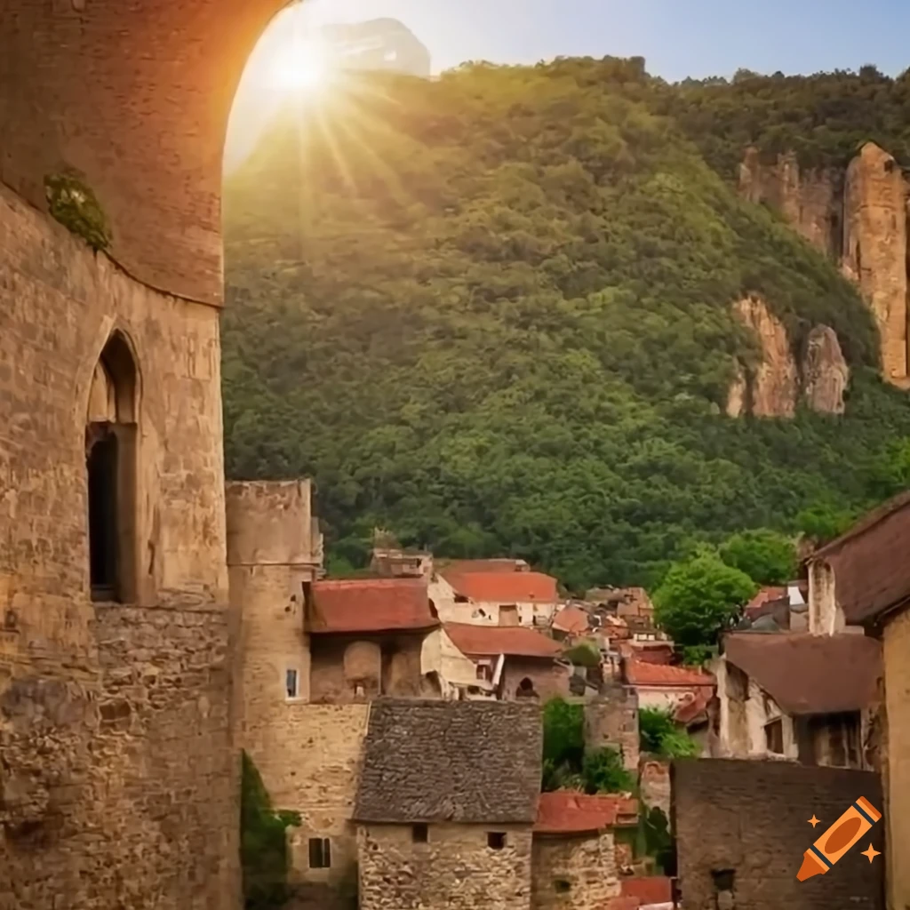 sunny medieval town with a cliff as backdrop