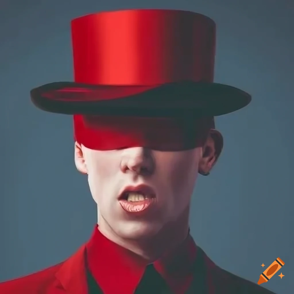 man in red suit with blindfold and top hat