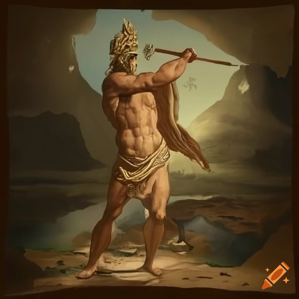 artistic depiction of a Greek hero in a majestic landscape