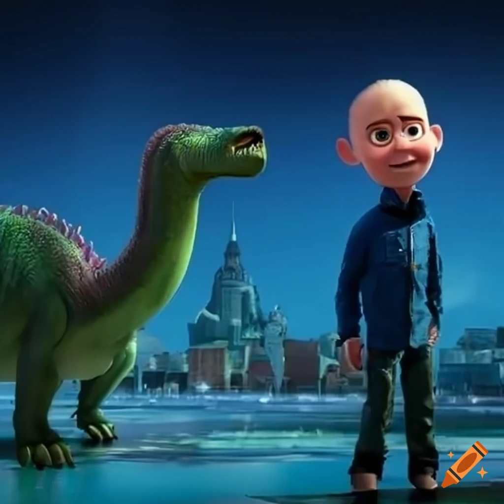 billboard with the word 'Matthew' and a bald kid with a dinosaur in the background