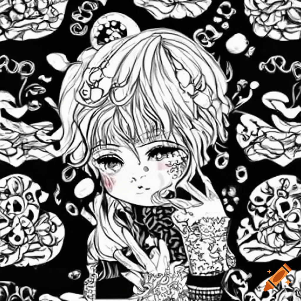 Black and white kawaii pattern for coloring on Craiyon