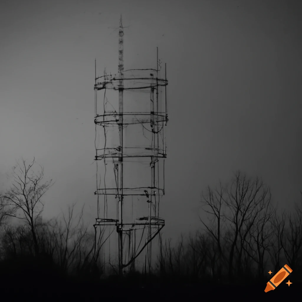 Eerie image of a bent radio tower in cloudy weather