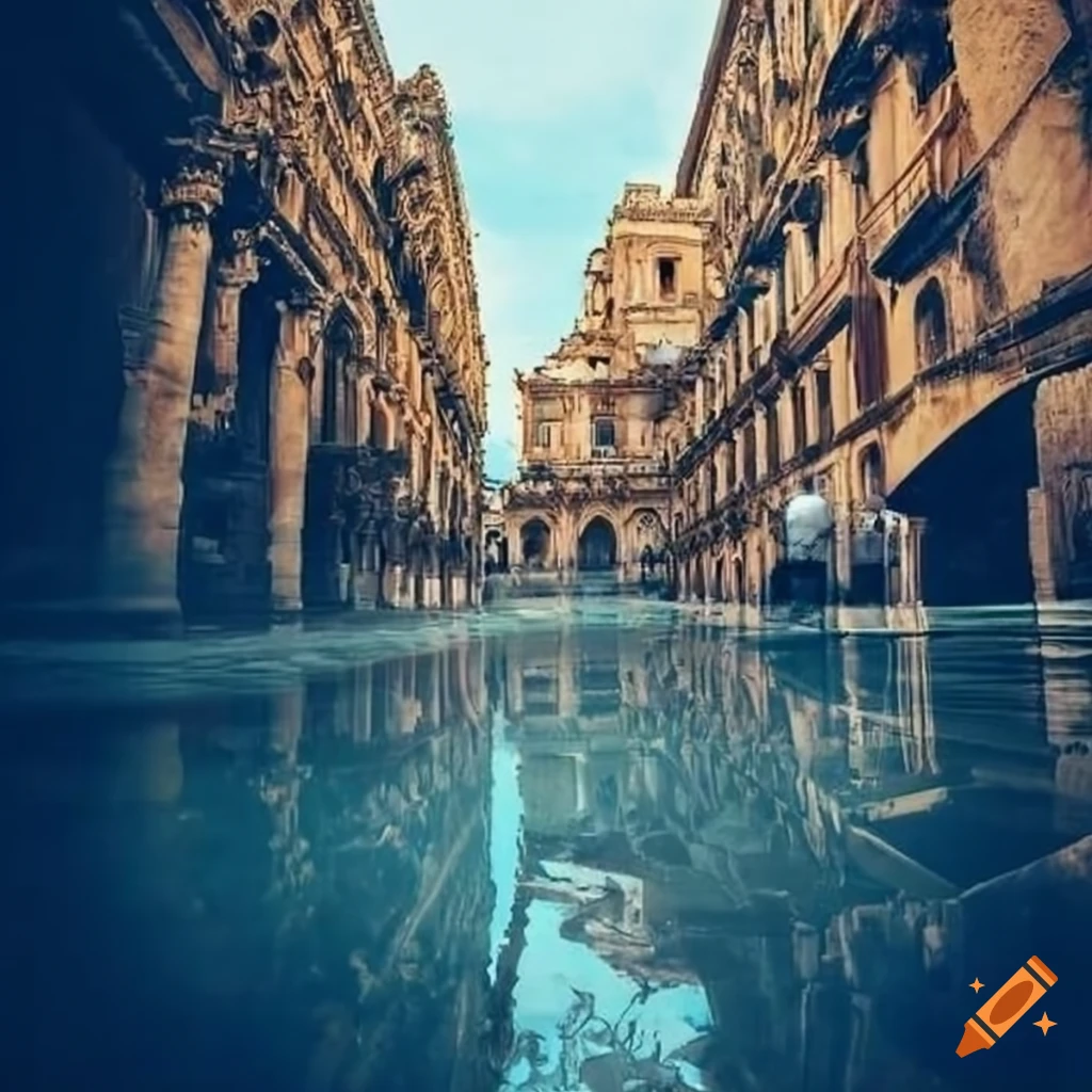 Gothic style buildings reflecting in crystal clear water on Craiyon
