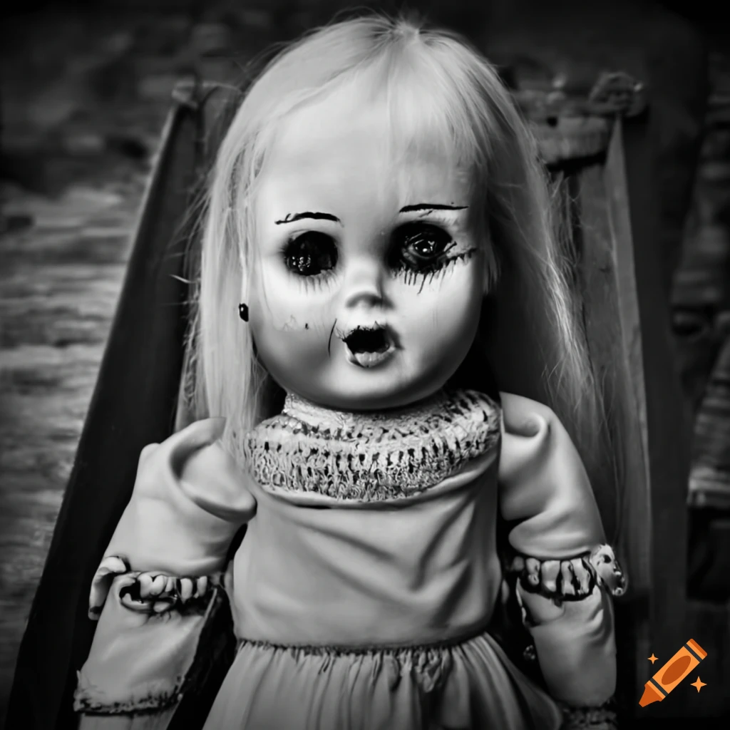 black and white creepy doll from the 60's