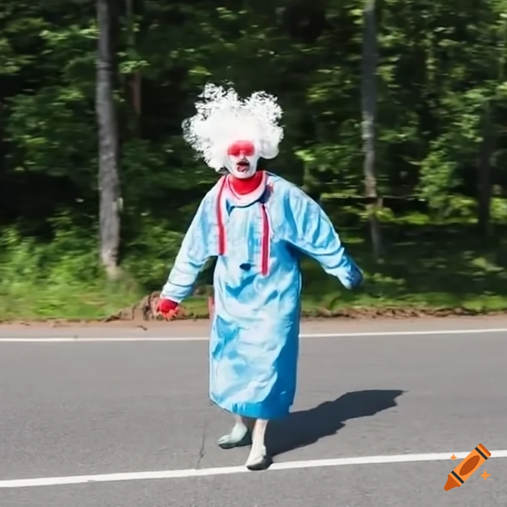 clown walking along Route 116