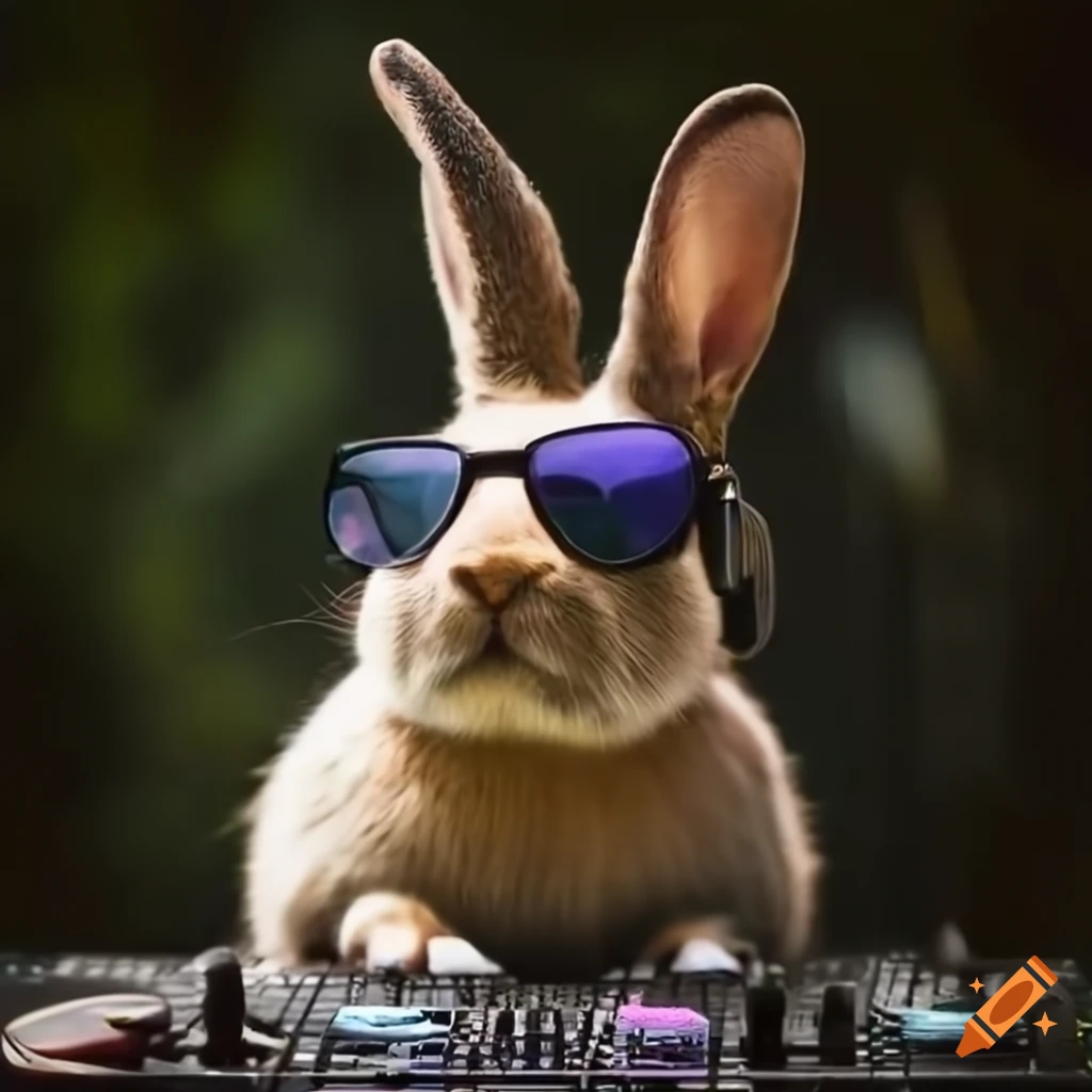 Digital art of a rabbit DJ in a garden on Craiyon