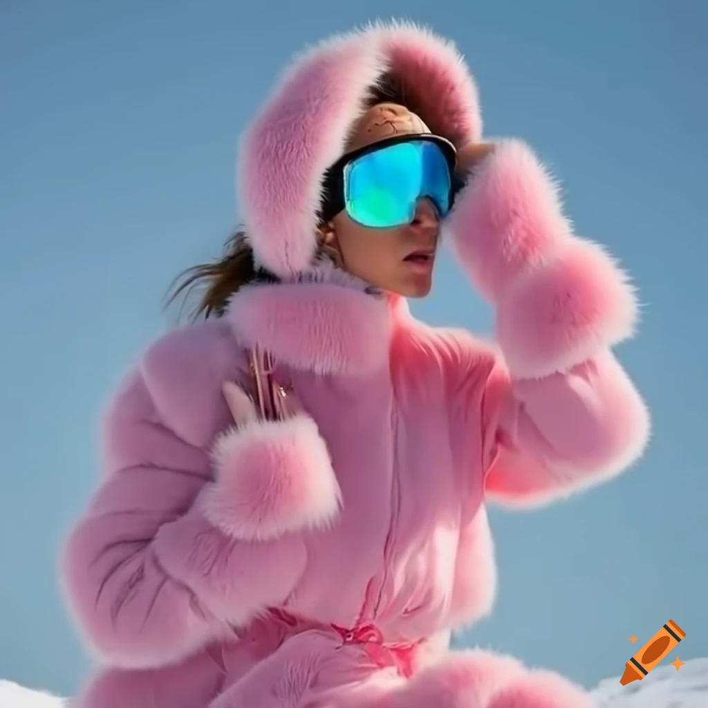 woman skiing in pink fluffy ski suit on Craiyon