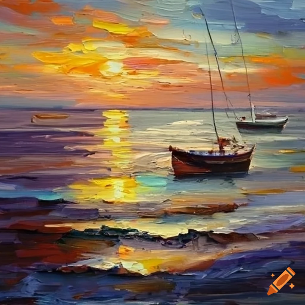 Palette knife oil painting of bulgarian boats at sunrise on Craiyon