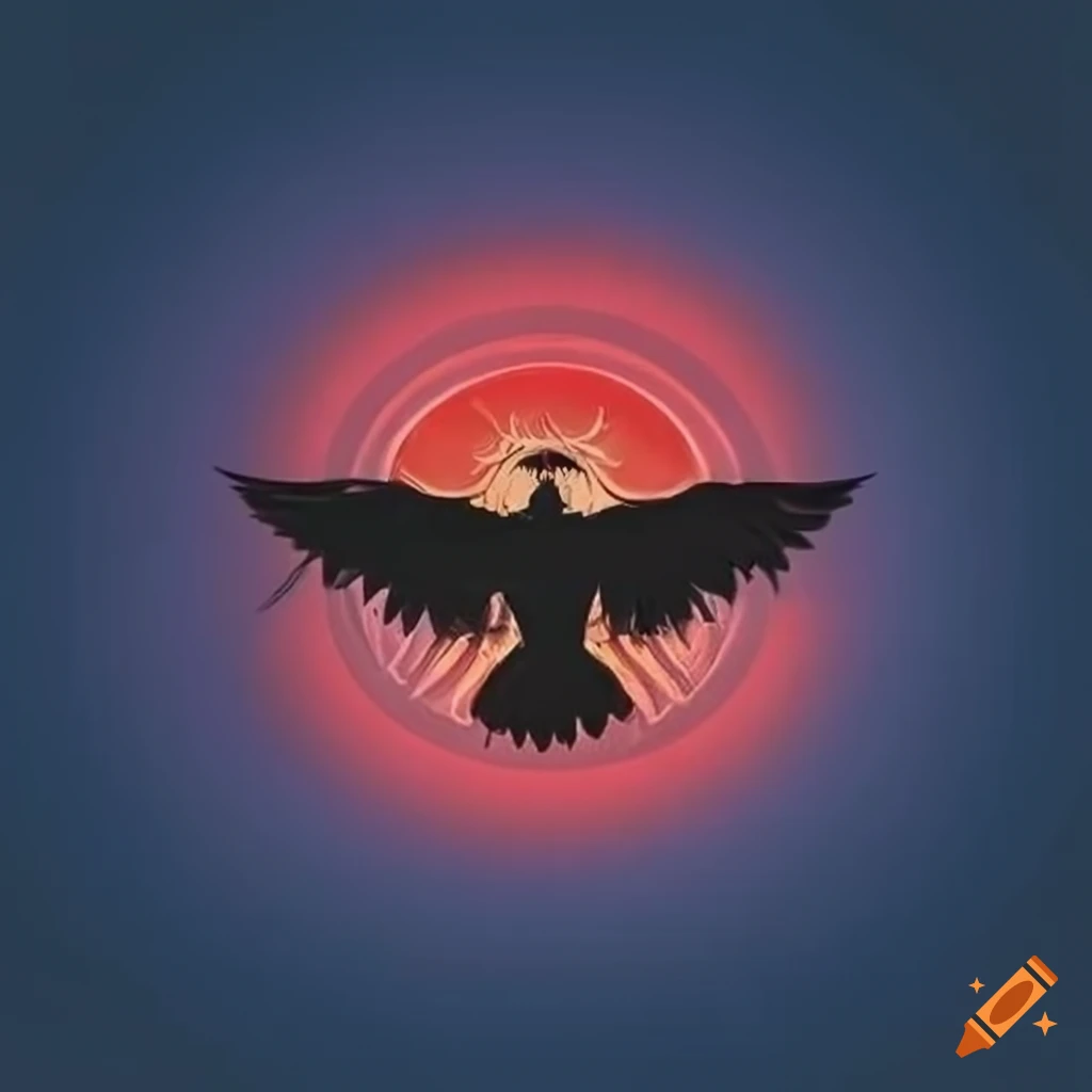 emblem with a blood-red sun and a raven