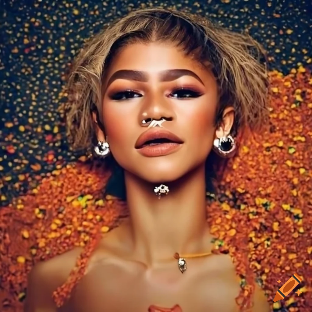 Zendaya with septum piercing covered in candy corn powder