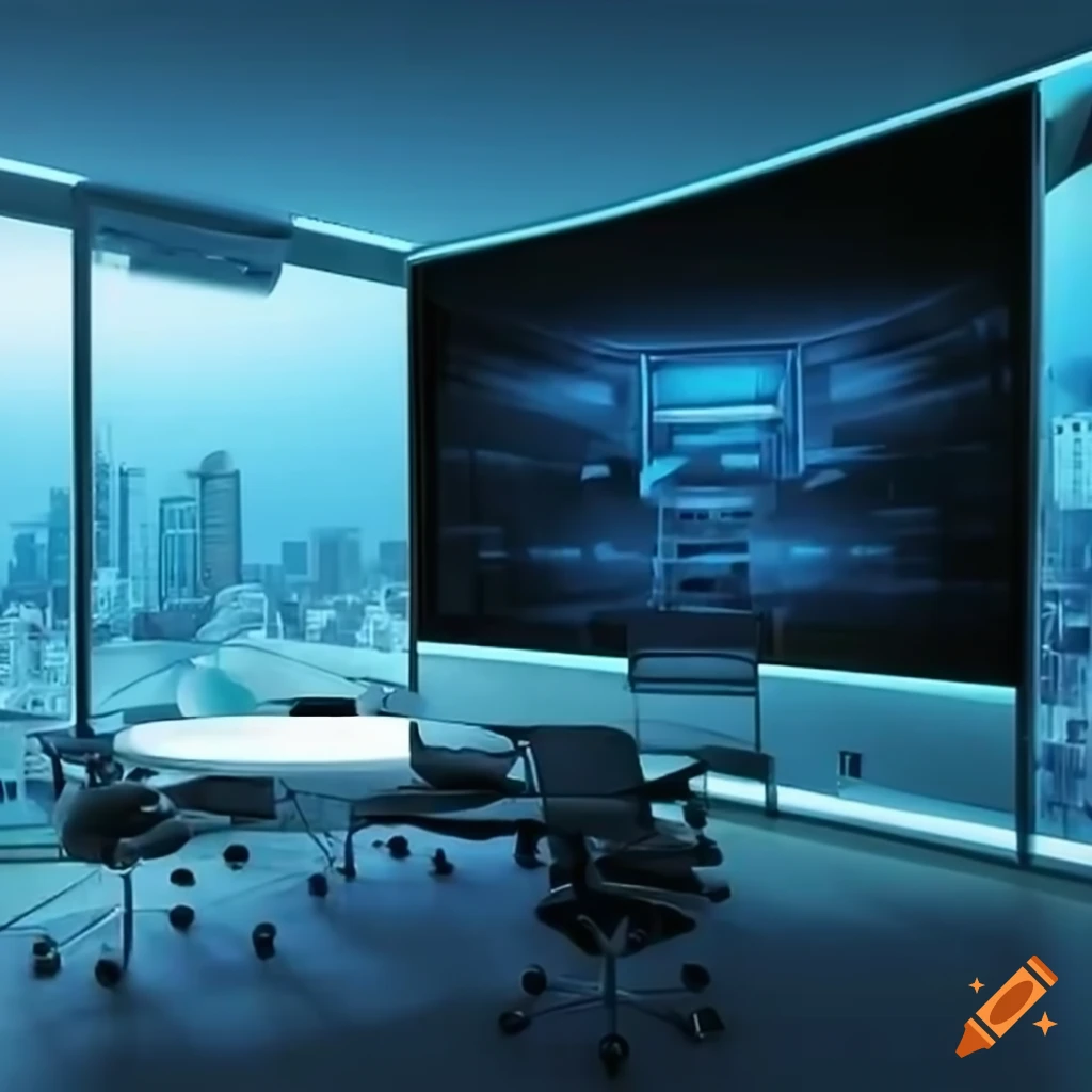 Futuristic office with multiple tv screens on walls
