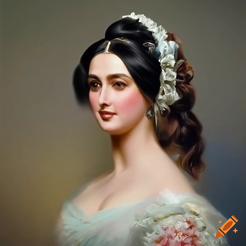 portrait of a black-haired blue-eyed princess in an elegant 1850s gown