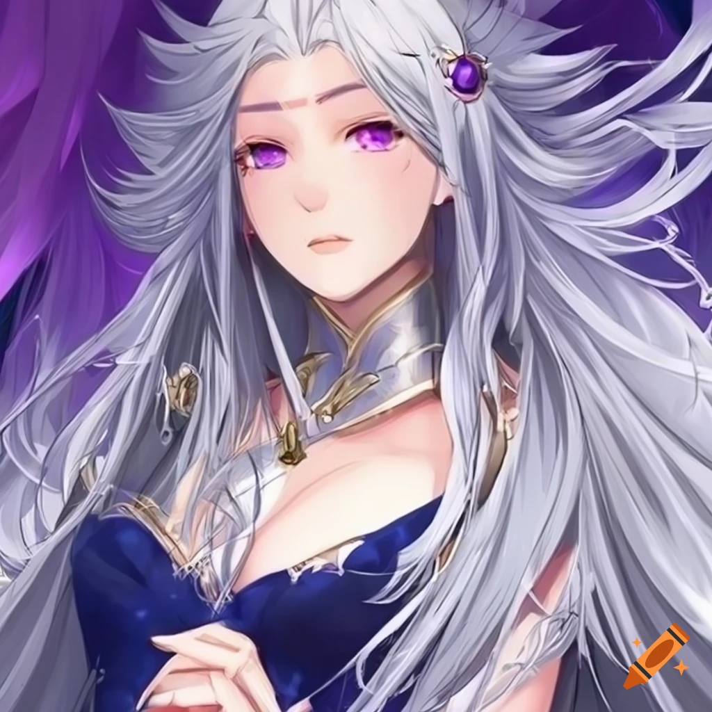 anime queen with purple eyes and flowing silver hair