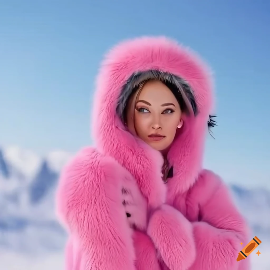 Woman in pink fur ski suit skiing