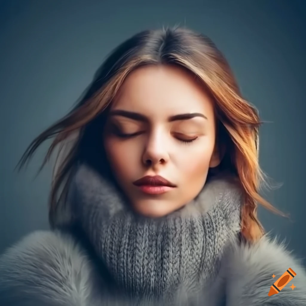 Portrait of a woman in a fur sweater with closed eyes