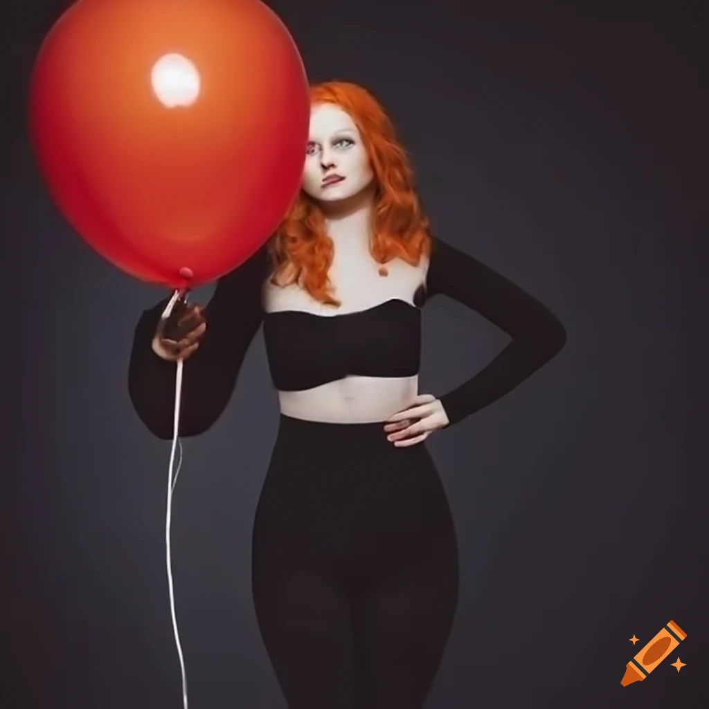 ginger girl with black leggings holding a clear balloon