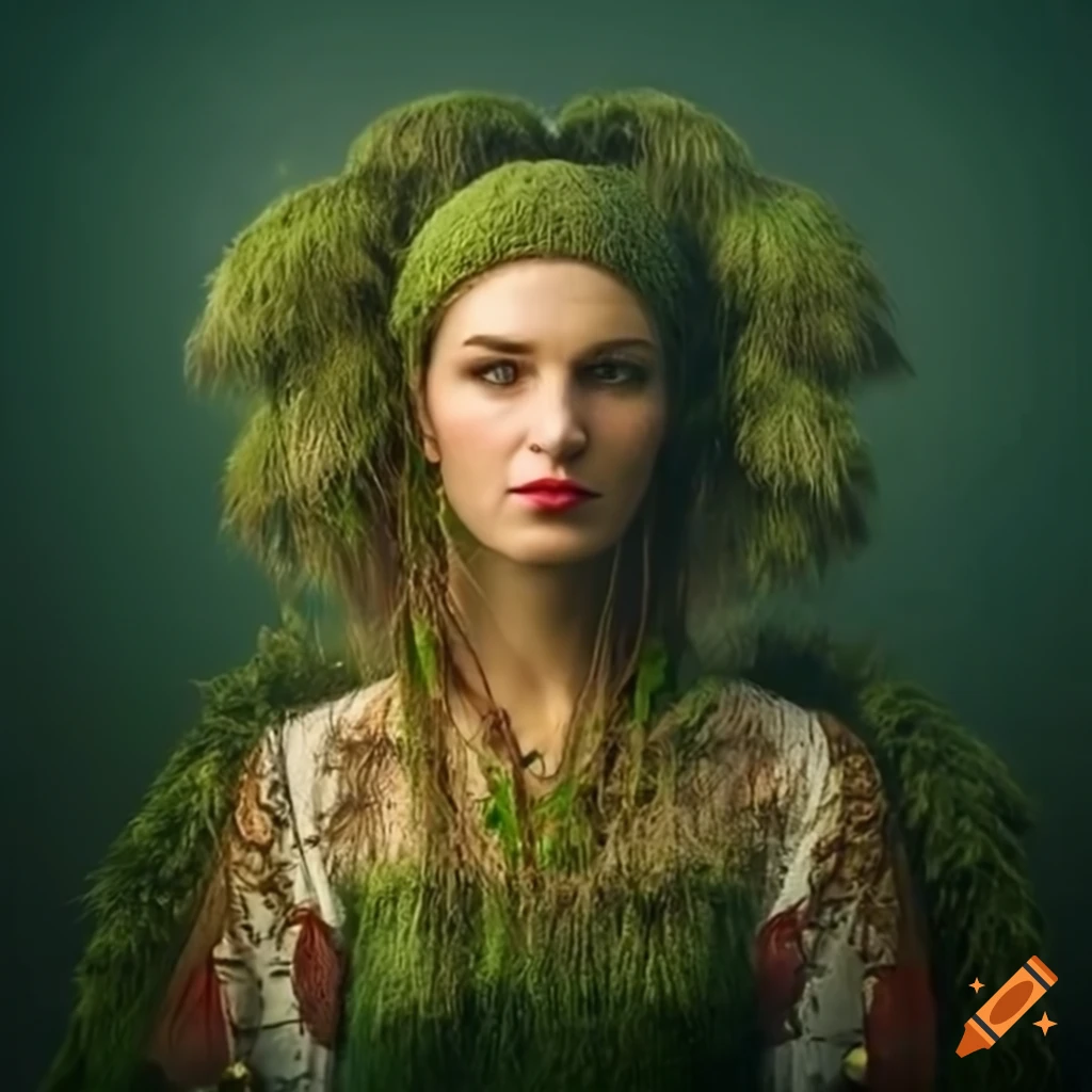 Slovak woman in traditional dress in a foggy birch forest on Craiyon