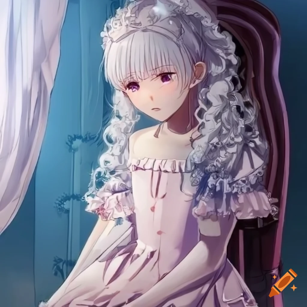 Anime girl with white curly hair in a chair on Craiyon