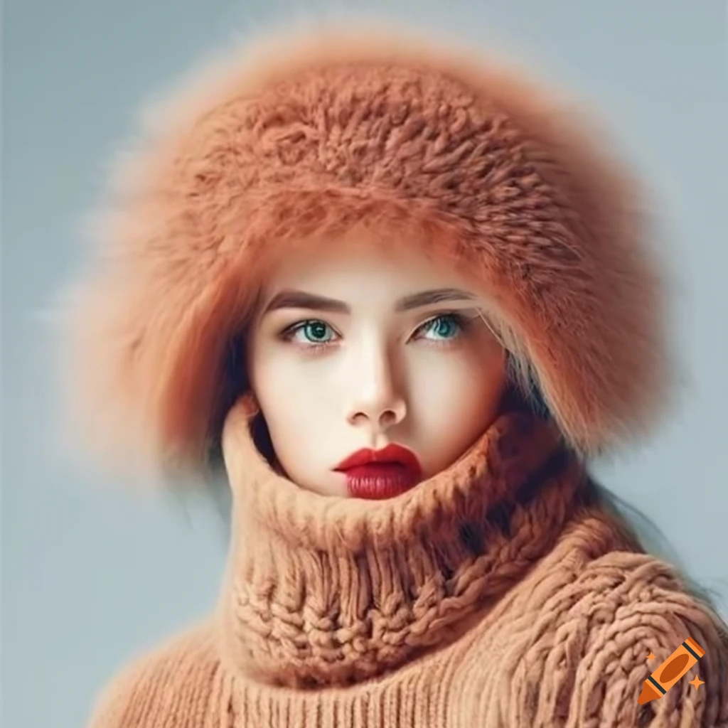 Woman wearing a chunky knit turtleneck pullover and winter hat with fur ...