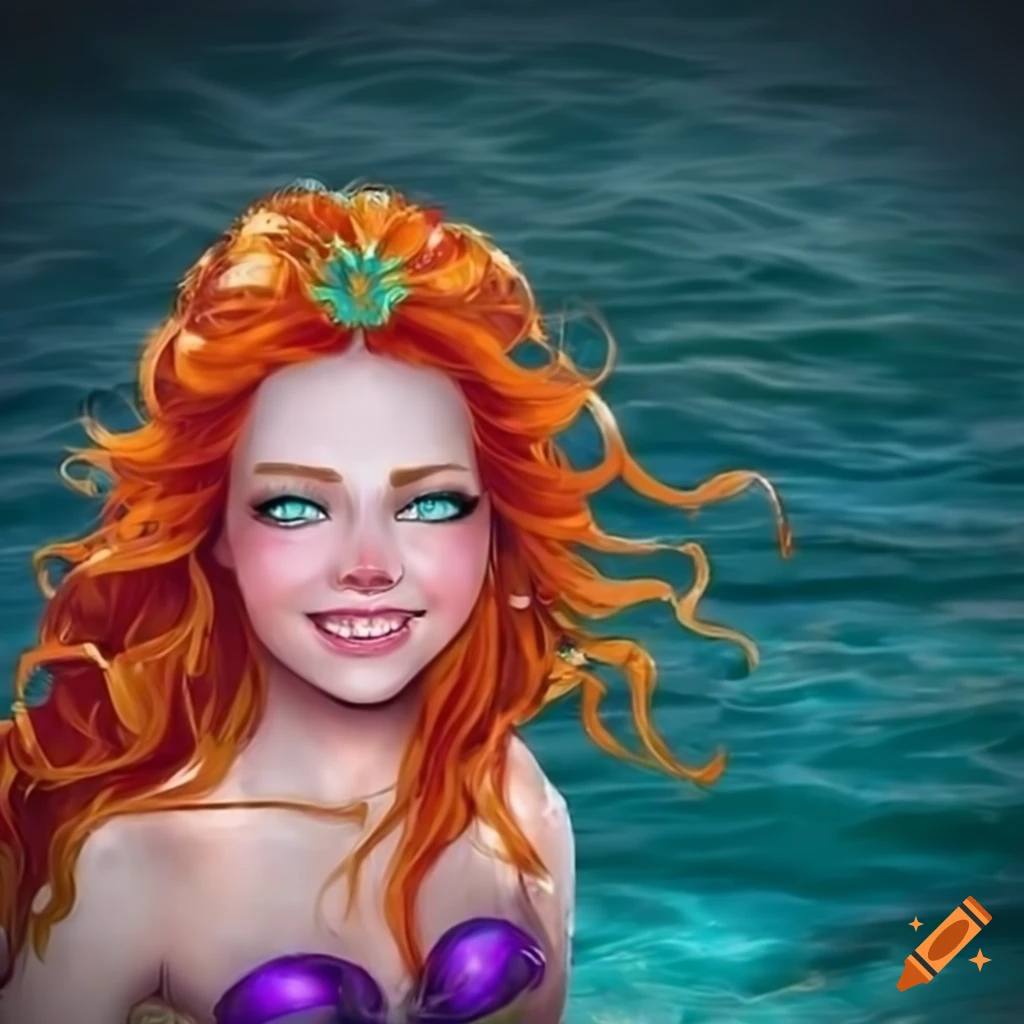Fantasy mermaid goddess with sparkling orange hair on Craiyon