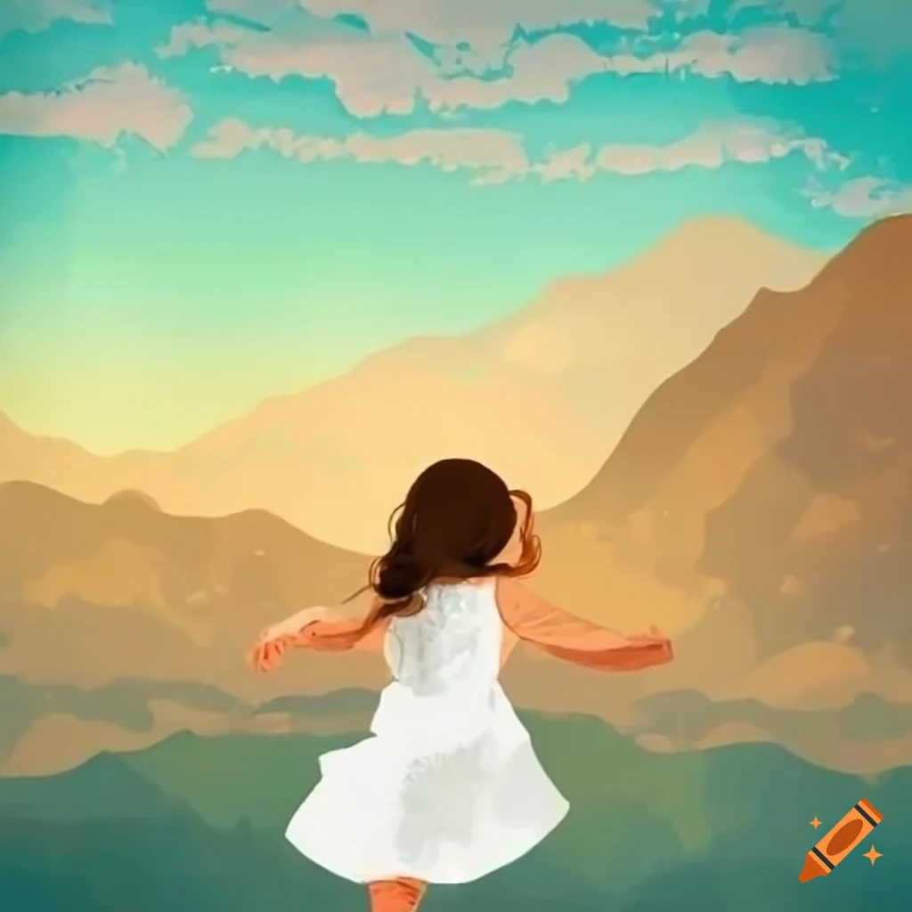 young girl running with her parents in a mountain landscape