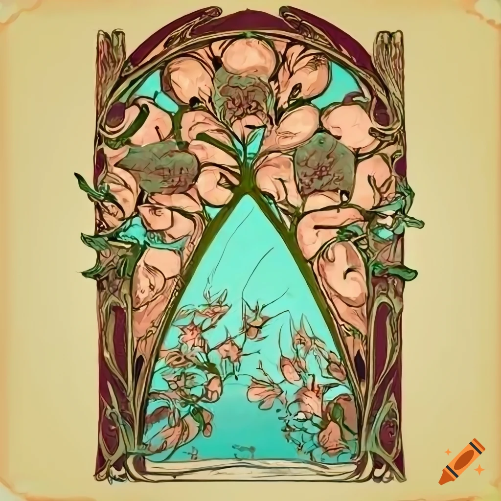 Art nouveau drawing of flowers growing over a portal on Craiyon