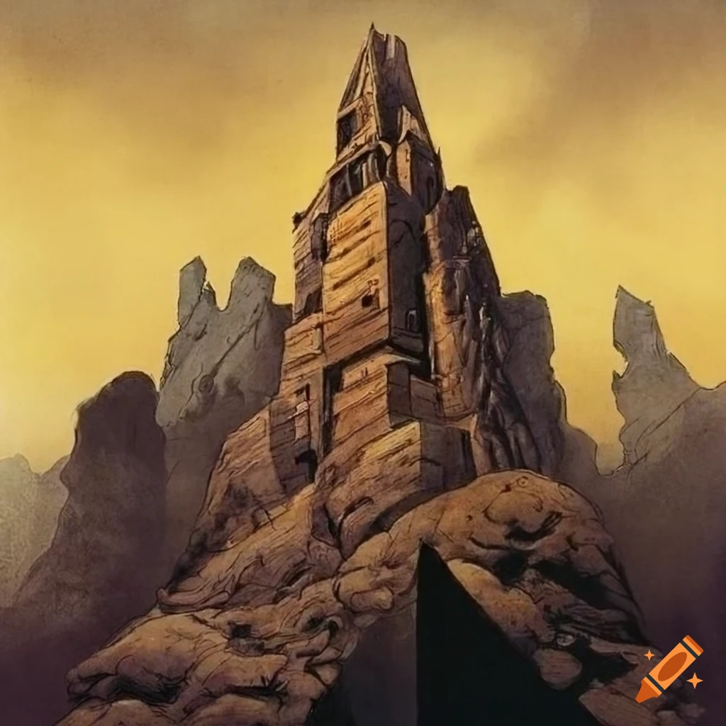 vintage artwork of a wooden skyscraper on a rocky landscape
