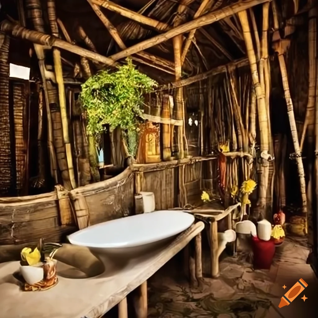 Bathroom with bamboo design and beautiful flowers