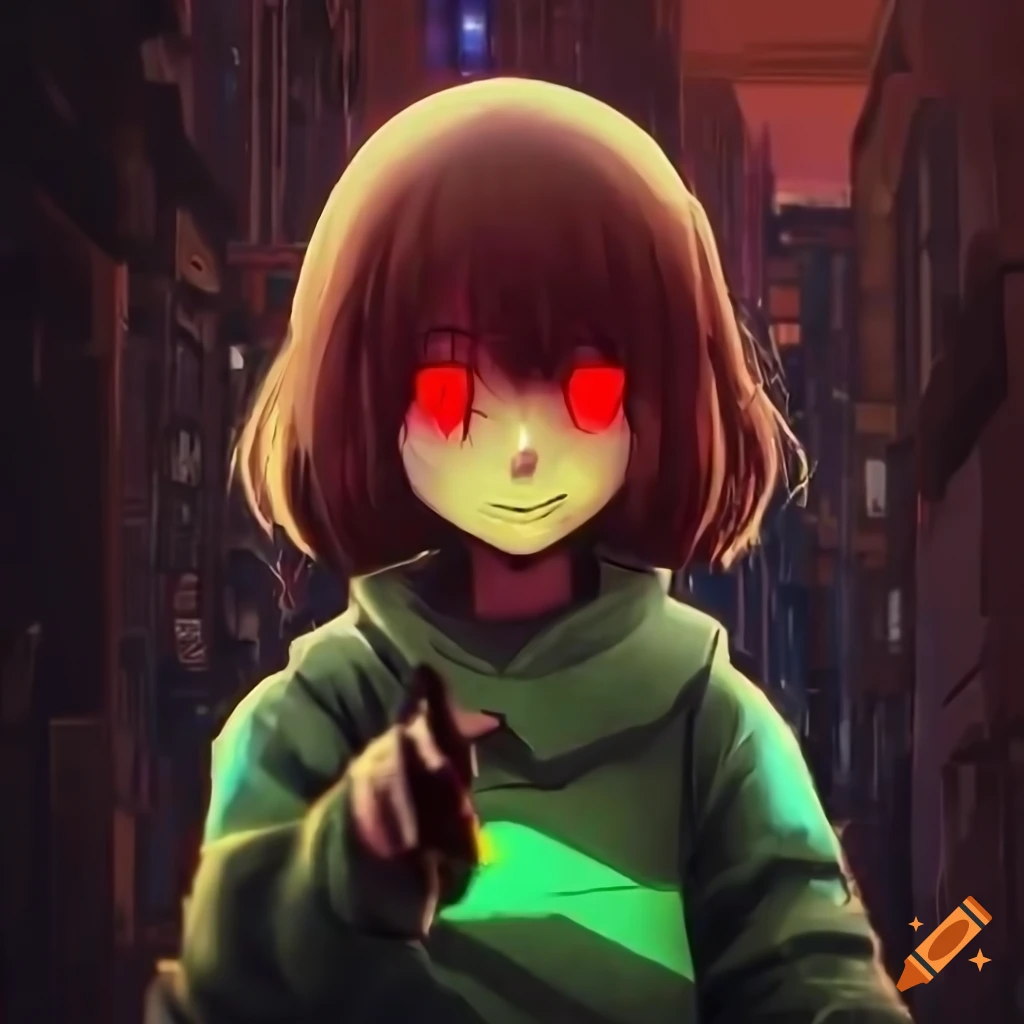 Chara(undertale) threatening, glowing red eyes, cyberpunk alley