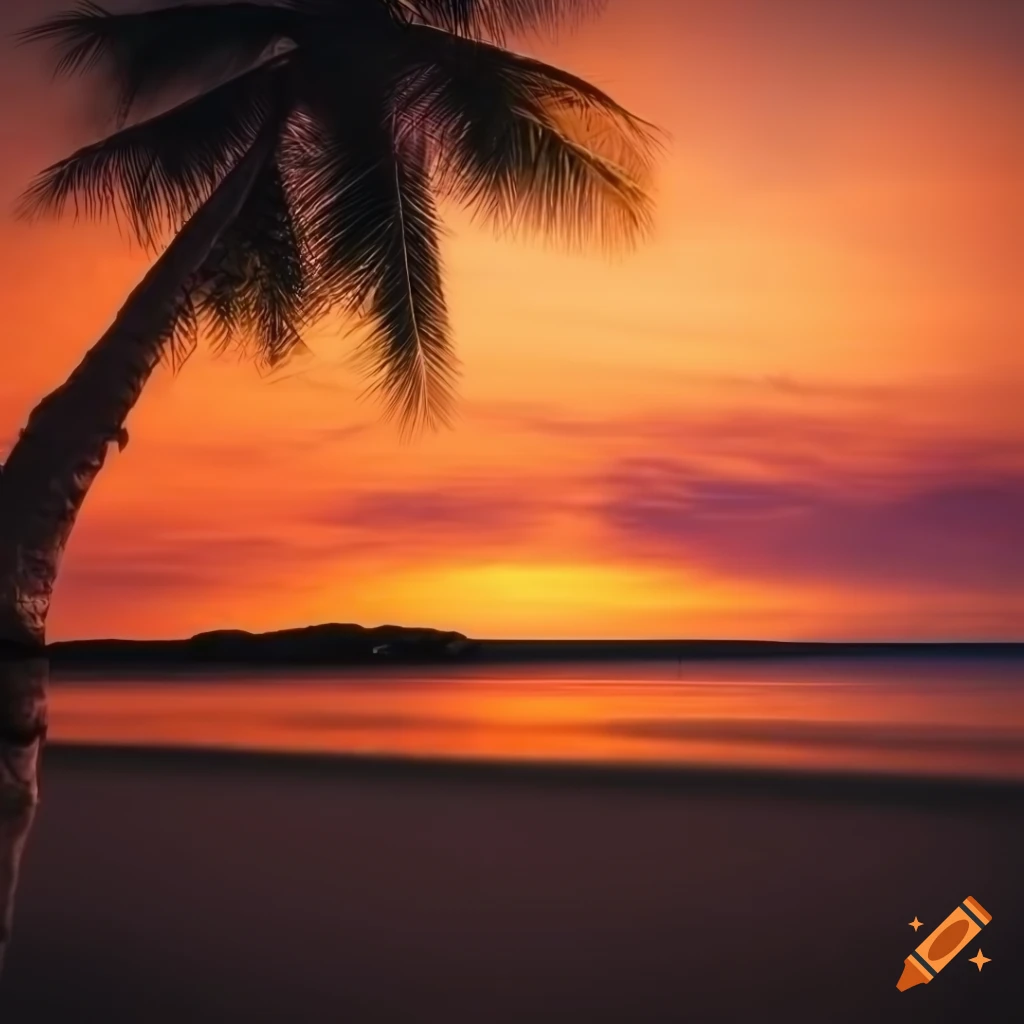 photorealistic sunset on a sandy island with a palm tree