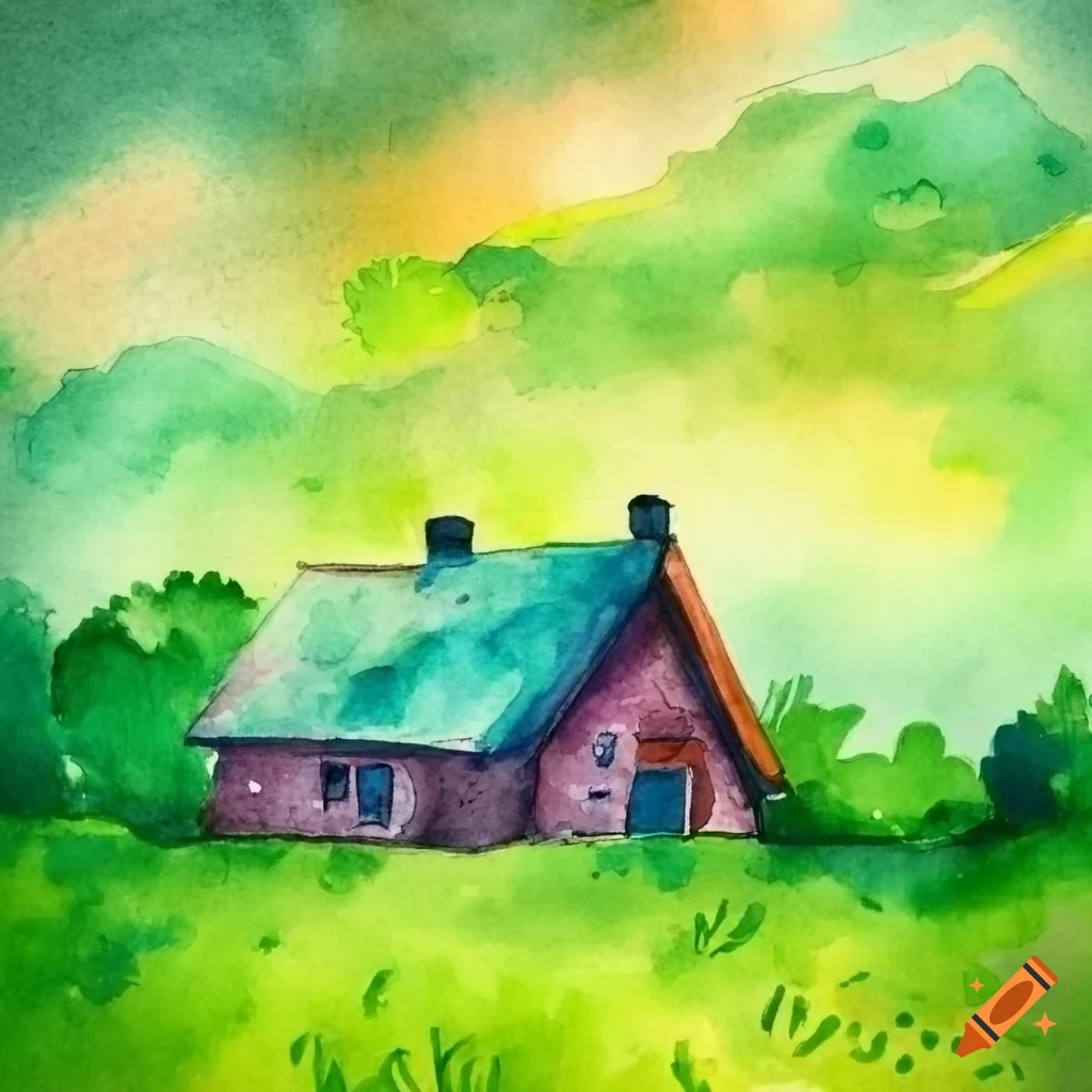 Watercolor illustration of a cottage in a green meadow on Craiyon