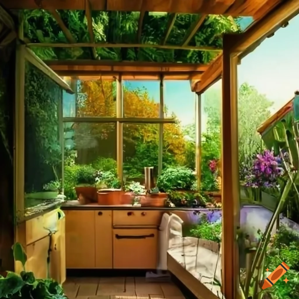 Veranda kitchen with a beautiful garden view