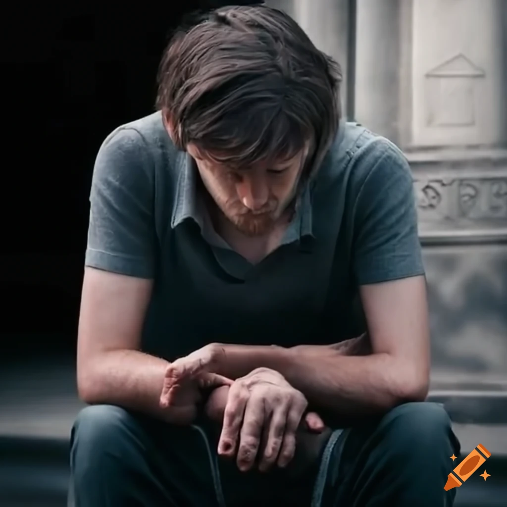 man sitting in front of a tombstone