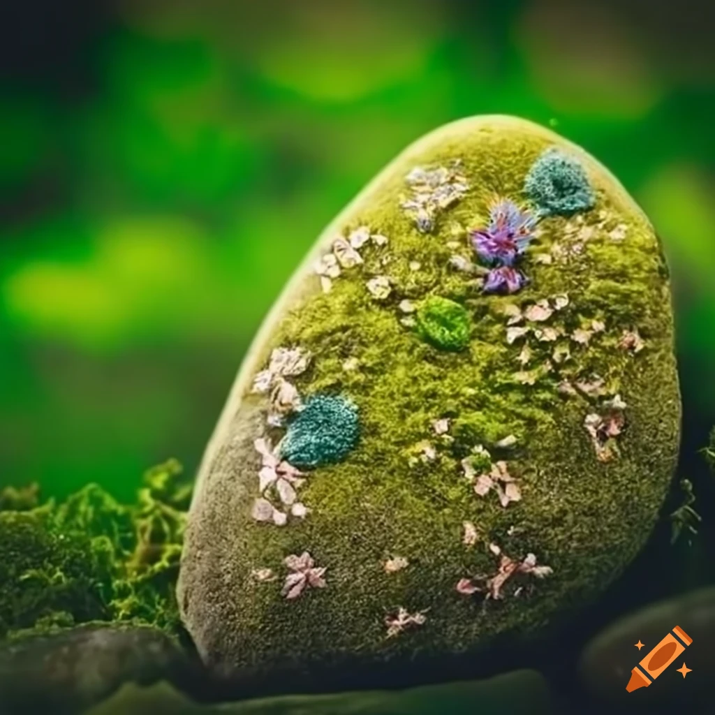 Stone artwork of the word "moss" covered in moss and small flowers on
