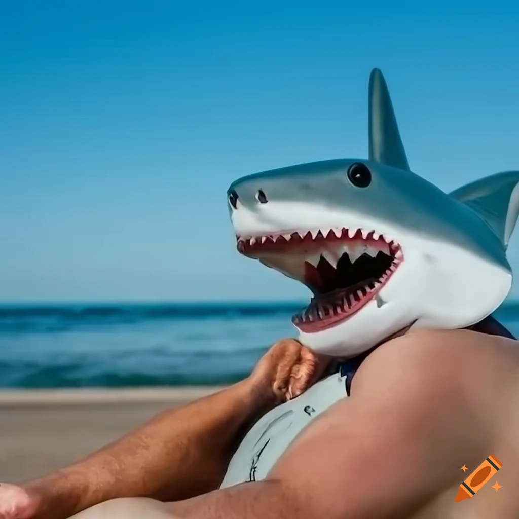 man with a shark mask at the beach