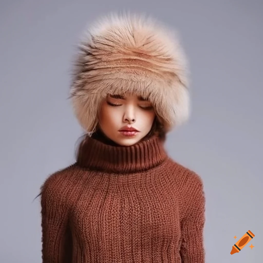 woman-wearing-a-chunky-knit-turtleneck-pullover-and-winter-hat-with-fur