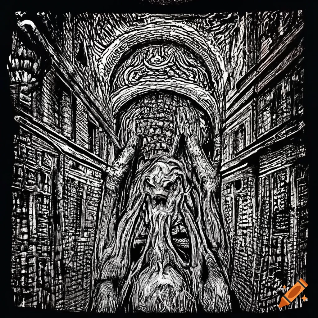 Abstract cityscape with occult monster