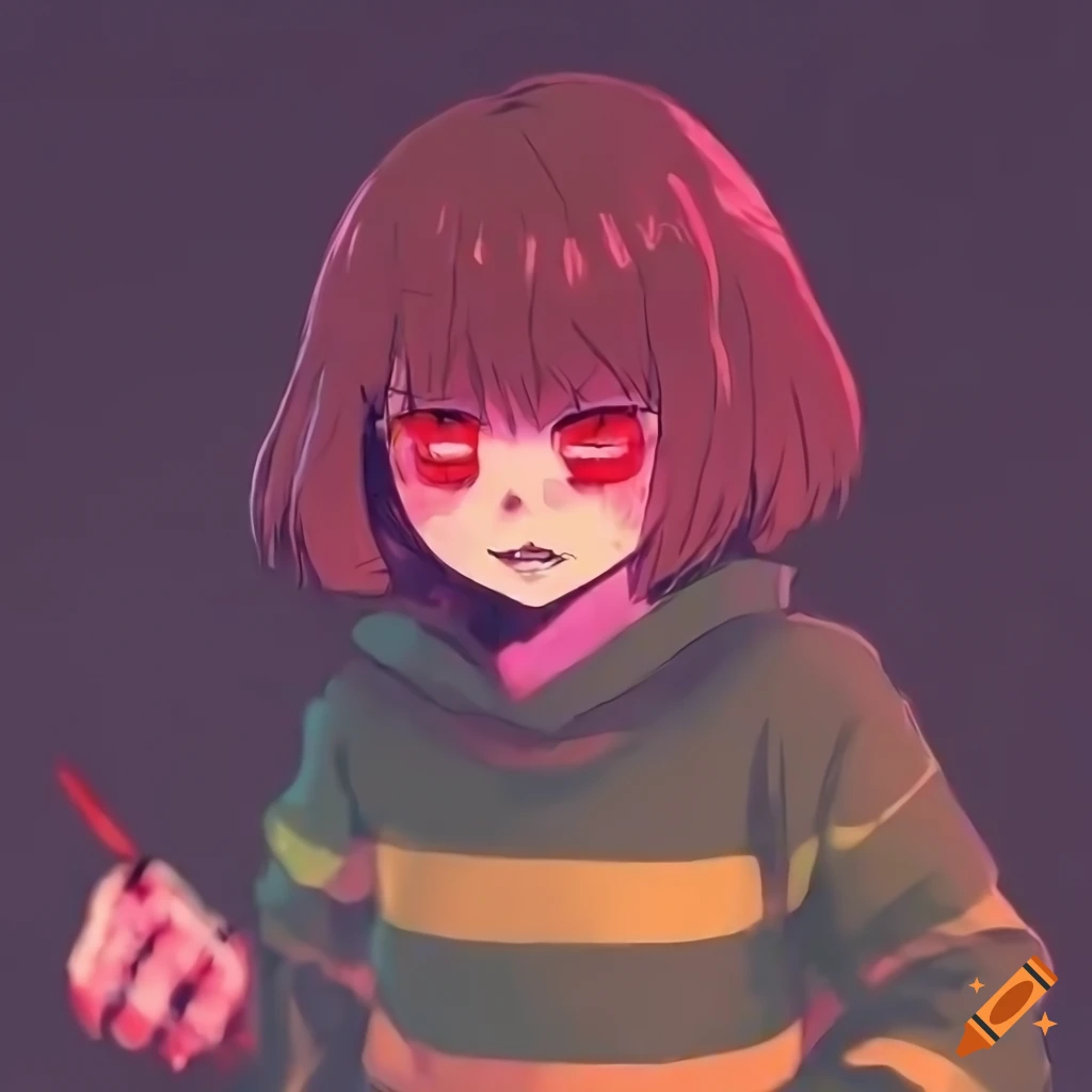 artistic depiction of Chara from Undertale in a cyberpunk alley