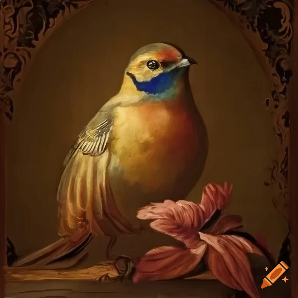 Classical painting of a bird on an antique patterned background
