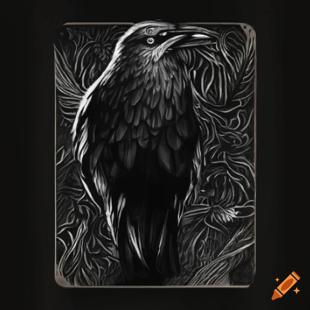 black and white illustration of raven on tarot card