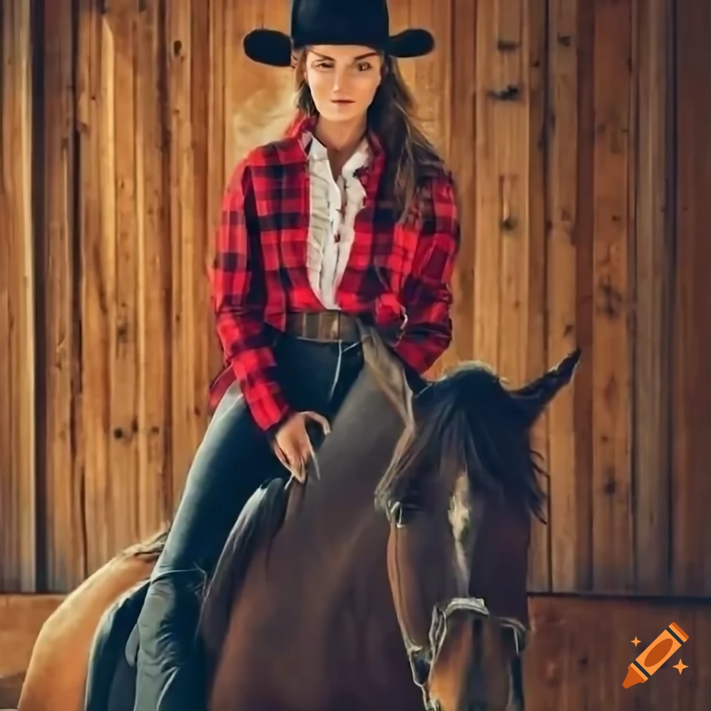 hyperrealistic painting of a young cowgirl riding a horse in a barn