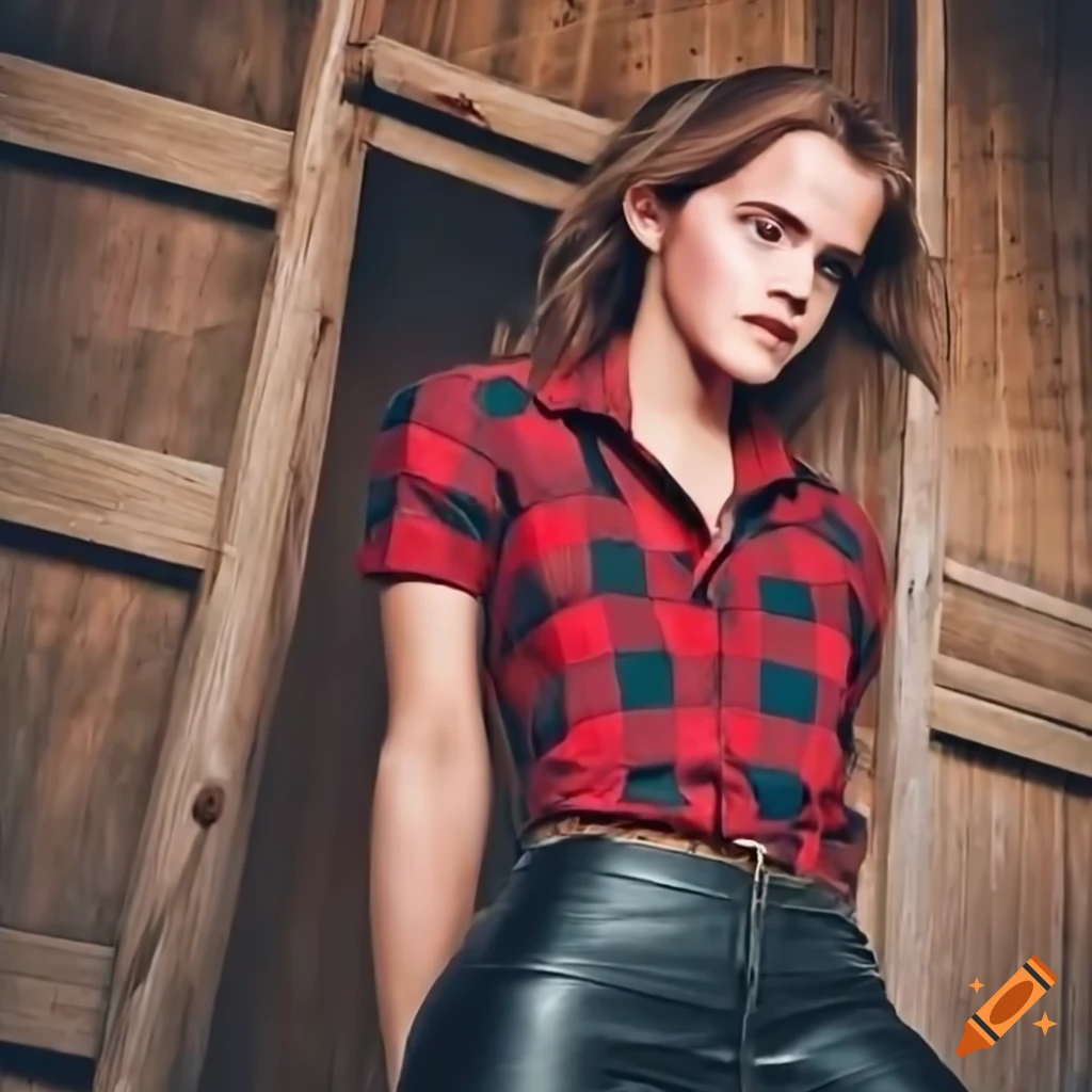 hyperrealistic painting of a cowgirl in a red plaid shirt and black leather shorts